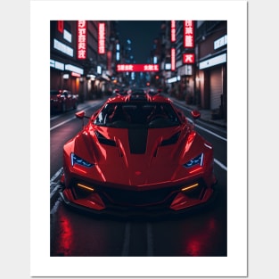 Dark Red Sports Car in Japanese Neon City Posters and Art